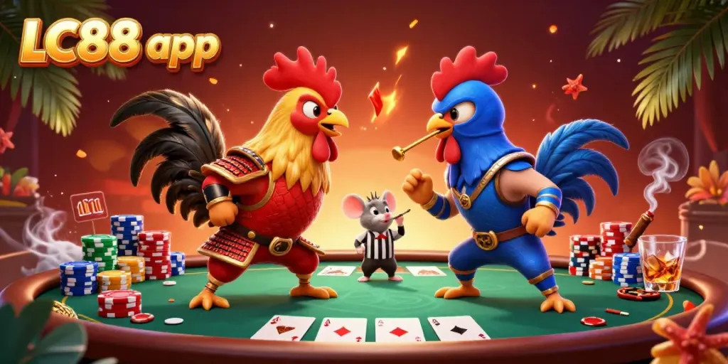 Experience thrilling gameplay with the LC88 app in this vibrant 3D scene featuring two fighting roosters.
