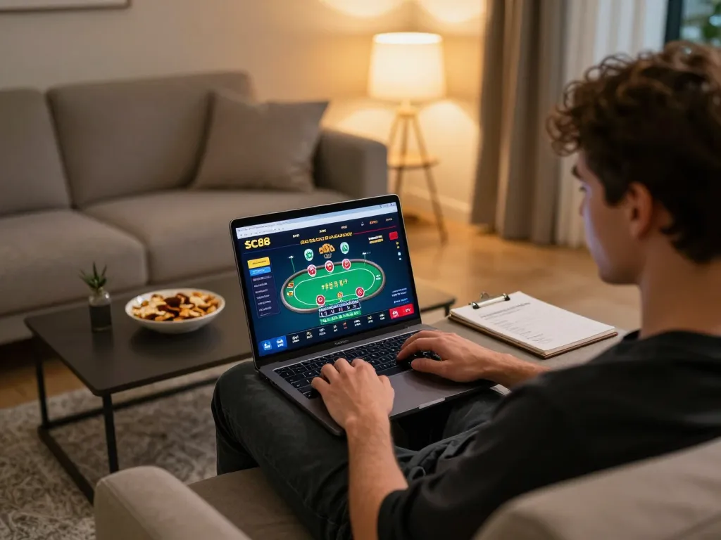 Player engaging in SC88 online casino poker game from home, showcasing a strategy notebook and warm ambiance