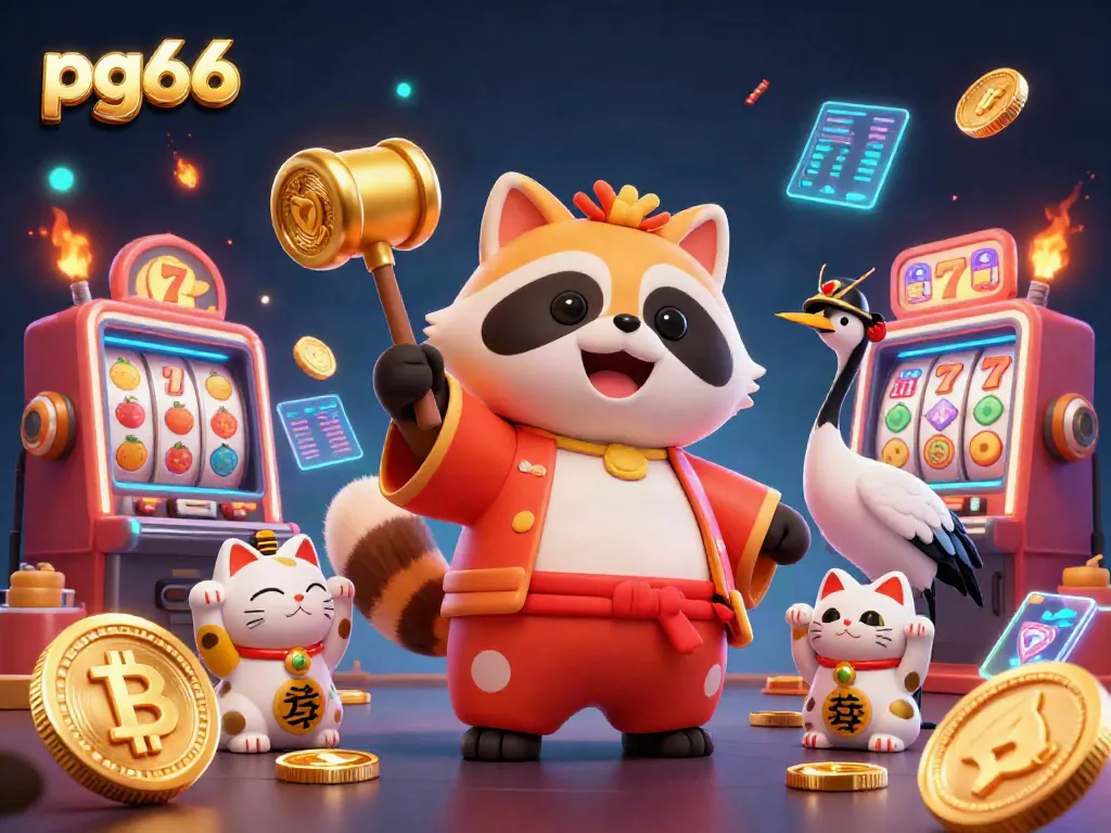 Experience the vibrant casino world of pg66 with festive tanuki, lucky cats, and exciting slot machines!