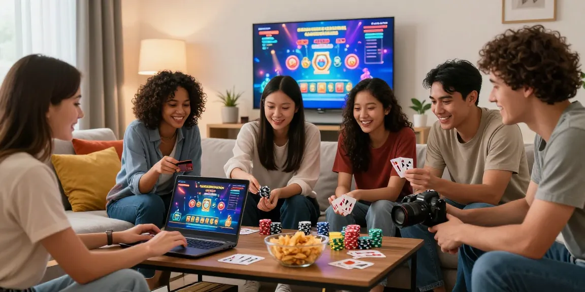 Friends enjoying a gaming night at home with online casinos that accept credit cards, showcasing vibrant gameplay elements.