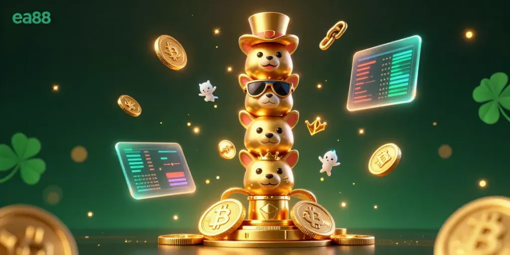Engage with the vibrant ea88 casino experience featuring cartoon totem characters and glowing crypto elements.
