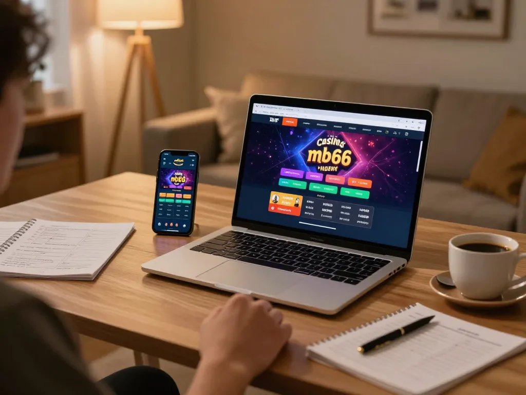 Player engaging in strategic gameplay at casino mb66 on laptop with betting notes in cozy home setting.