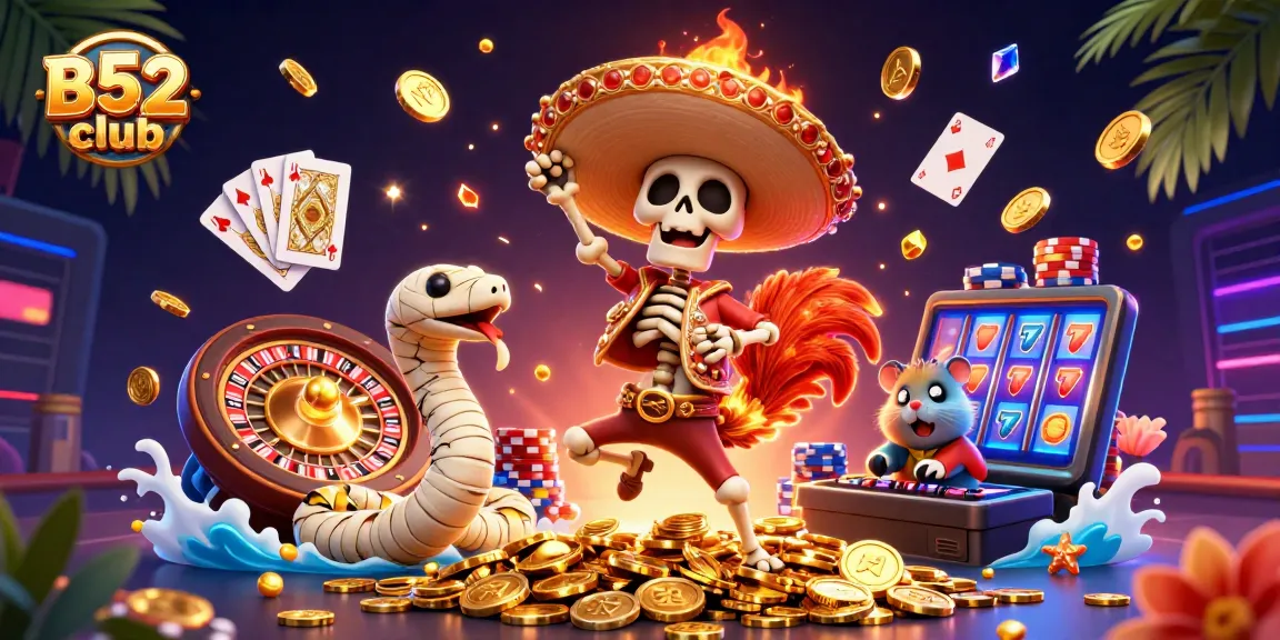 B52club players celebrate wins amidst cascading coins and vibrant gaming elements in a lively 3D scene.