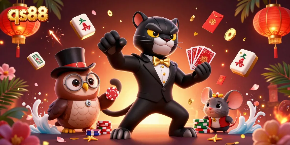 Experience qs88 excitement with a stylish panther, owl, and mouse in a lively casino scene