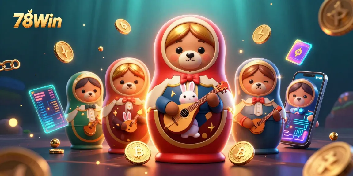 Experience thrilling gaming with 78Win: A vibrant 3D scene featuring playful casino elements.