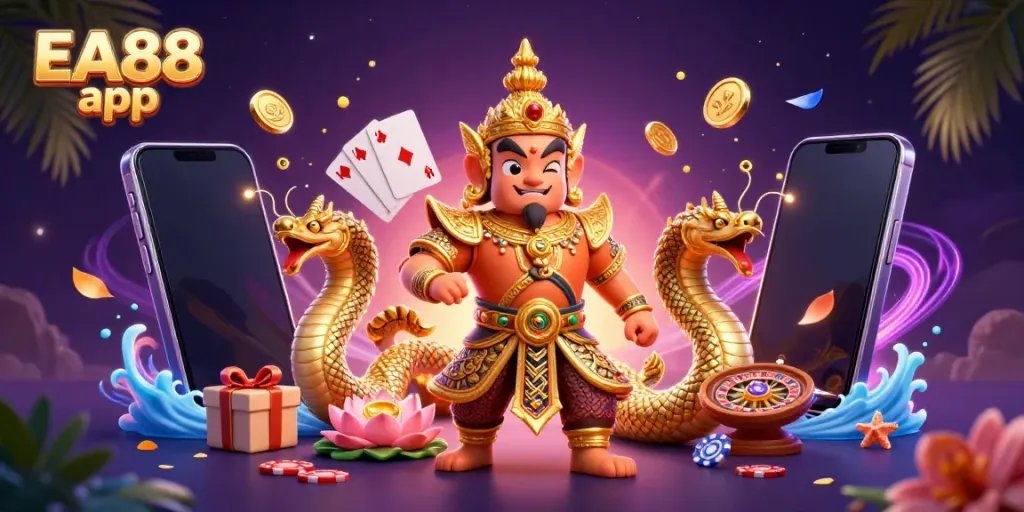 Experience the EA88 app with vibrant slots, dynamic characters, and explosive wins in this dazzling casino illustration.