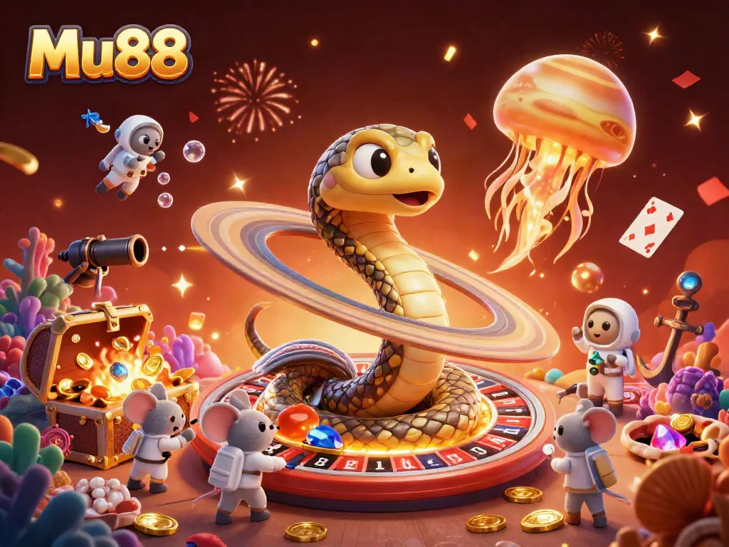 Experience thrilling bets at Mu88 with a cosmic roulette wheel and vibrant space characters.