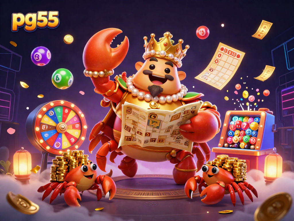 Experience the excitement of pg55 casino with a golden crab emperor in a vibrant lottery-themed scene.