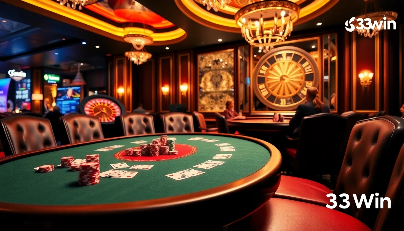 33Win players enjoying an exciting game at a professional casino table with vibrant chips and cards.
