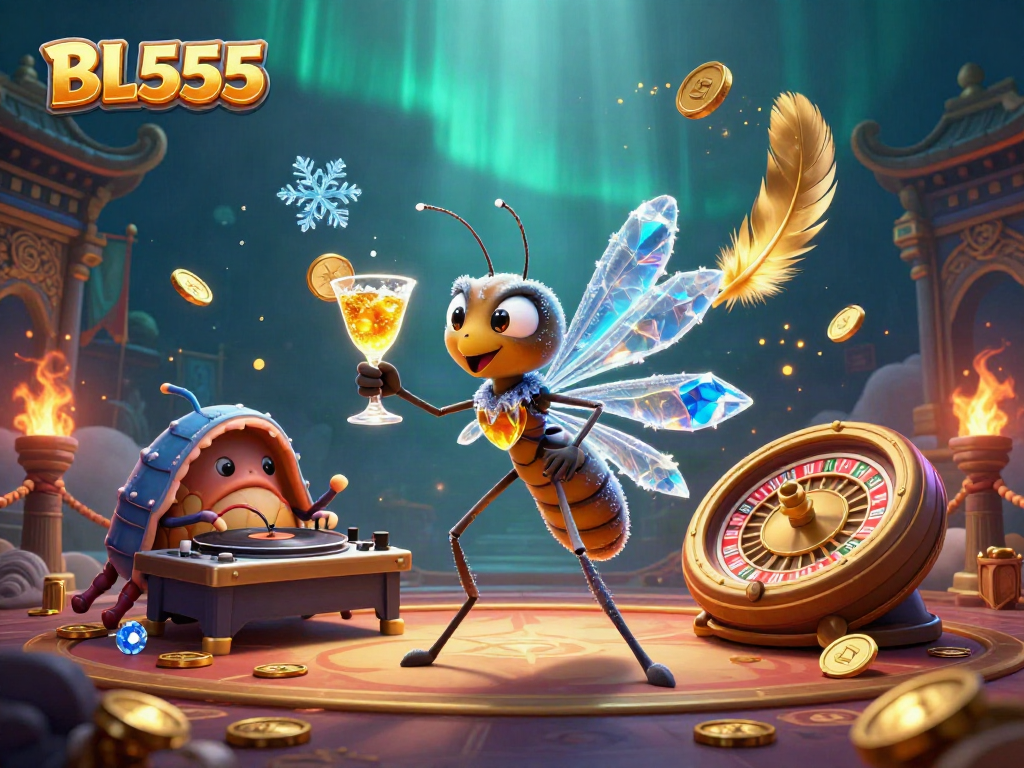 Engage with the lively BL555 casino adventure featuring a frozen mosquito mascot, trilobite DJ, and golden roulette wheel.