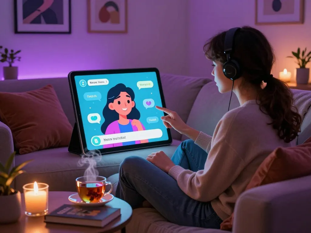 Engaging scene of adult user enjoying ai nsfw chat with animated characters, reflecting digital intimacy and warm atmosphere.