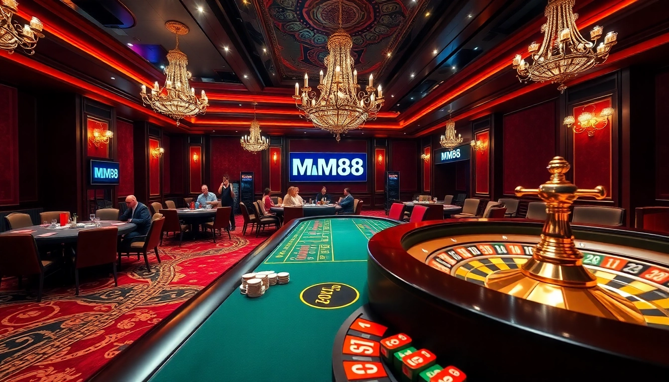 MM88 casino scene showcasing poker tables and roulette excitement in a vibrant atmosphere.
