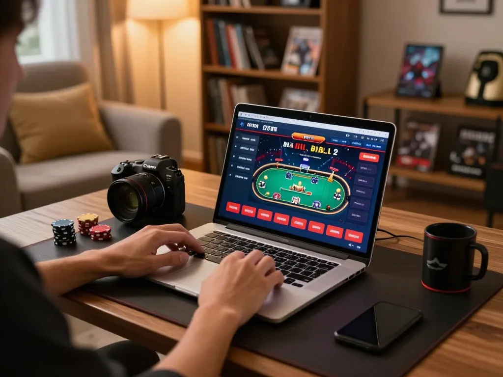 Person engaged in 789bet online casino gaming, showing laptop screen with poker game interface in a cozy home setting.
