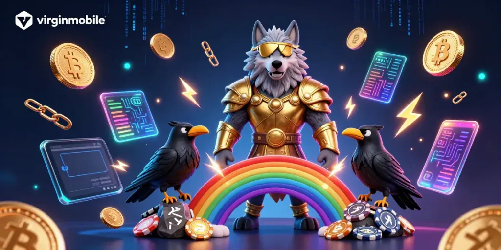 Engage with virgin-mobile's thrilling 3D casino adventure featuring Norse mythology characters amidst vibrant gaming elements.