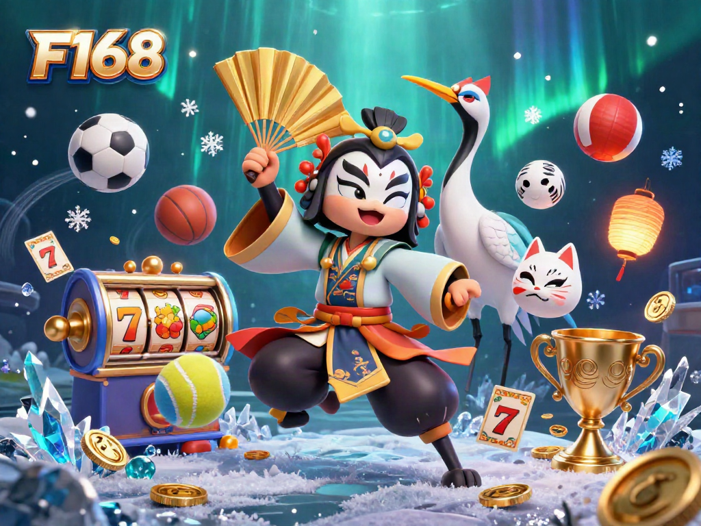 Experience the dynamic world of F168 with vivid characters and casino elements in a vibrant 3D illustration.