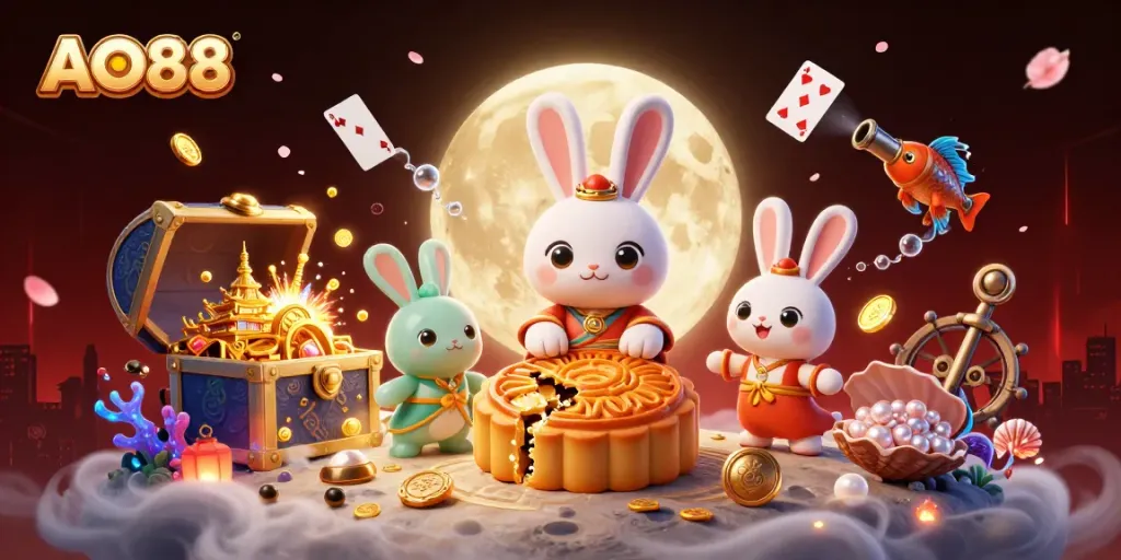 Engage with the vibrant AO88 casino world, showcasing a folklore-inspired scene featuring moon rabbits and poker chips.