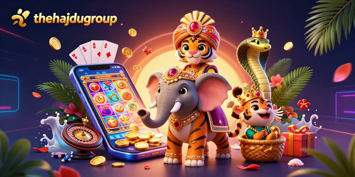 Engage with thehajdugroup's vibrant casino scene featuring a maharaja tiger, treasure, and slot games.