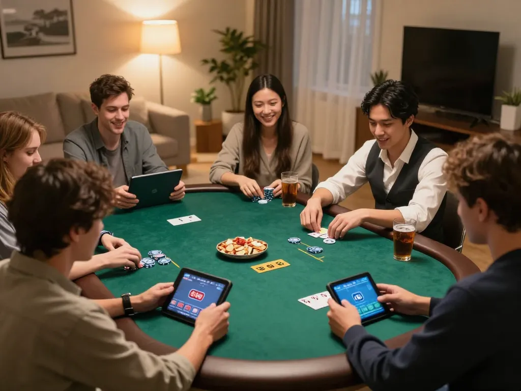 Engaged players enjoying iwin online poker game with tablets and snacks in cozy home setting
