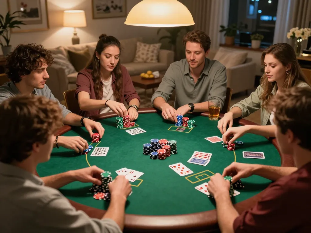 Engaging home poker night featuring friends discussing deposit and withdrawal tips while playing cards.