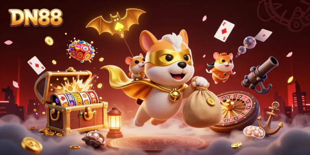 Experience thrilling gameplay at DN88 with a super dog and hamster celebrating wins in a vibrant casino world.