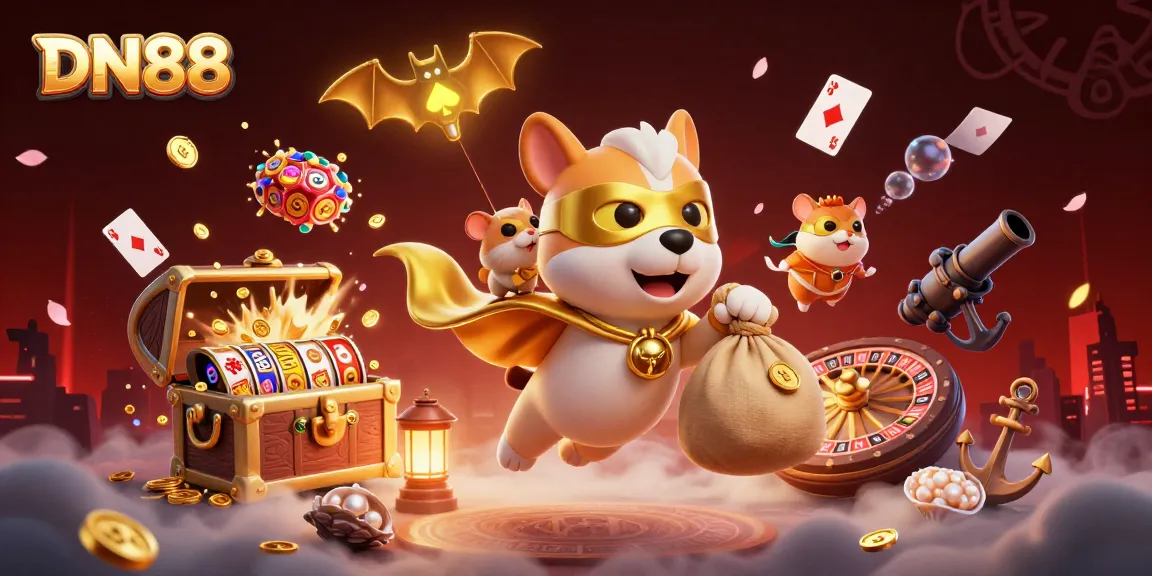 Experience thrilling gameplay at DN88 with a super dog and hamster celebrating wins in a vibrant casino world.