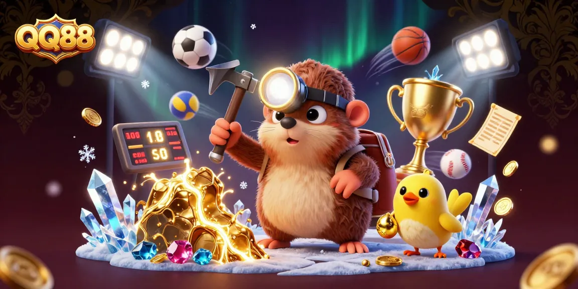 Join QQ88's treasure hunting adventure with sports elements in a vibrant casino environment.