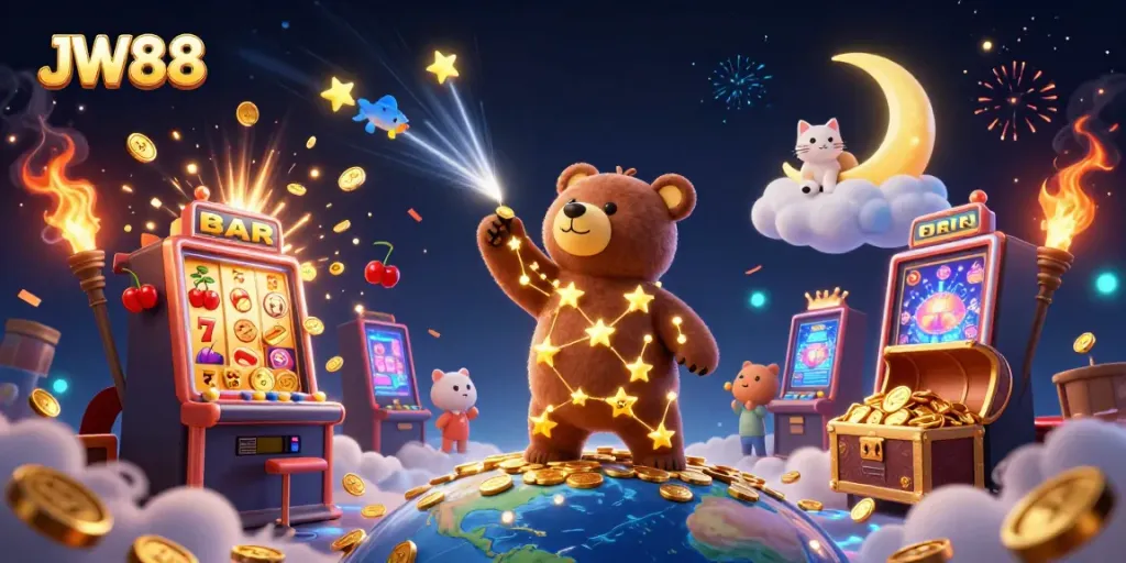 JW88 ignites excitement with a vibrant 3D scene of a constellation bear collecting coins amidst casino gaming elements.