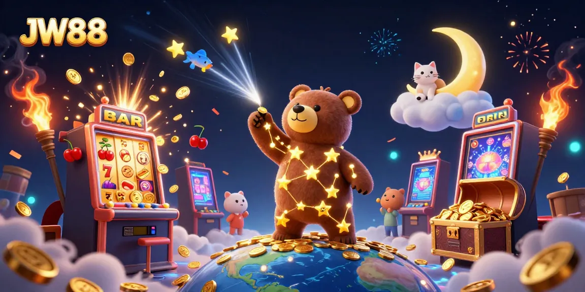 JW88 ignites excitement with a vibrant 3D scene of a constellation bear collecting coins amidst casino gaming elements.