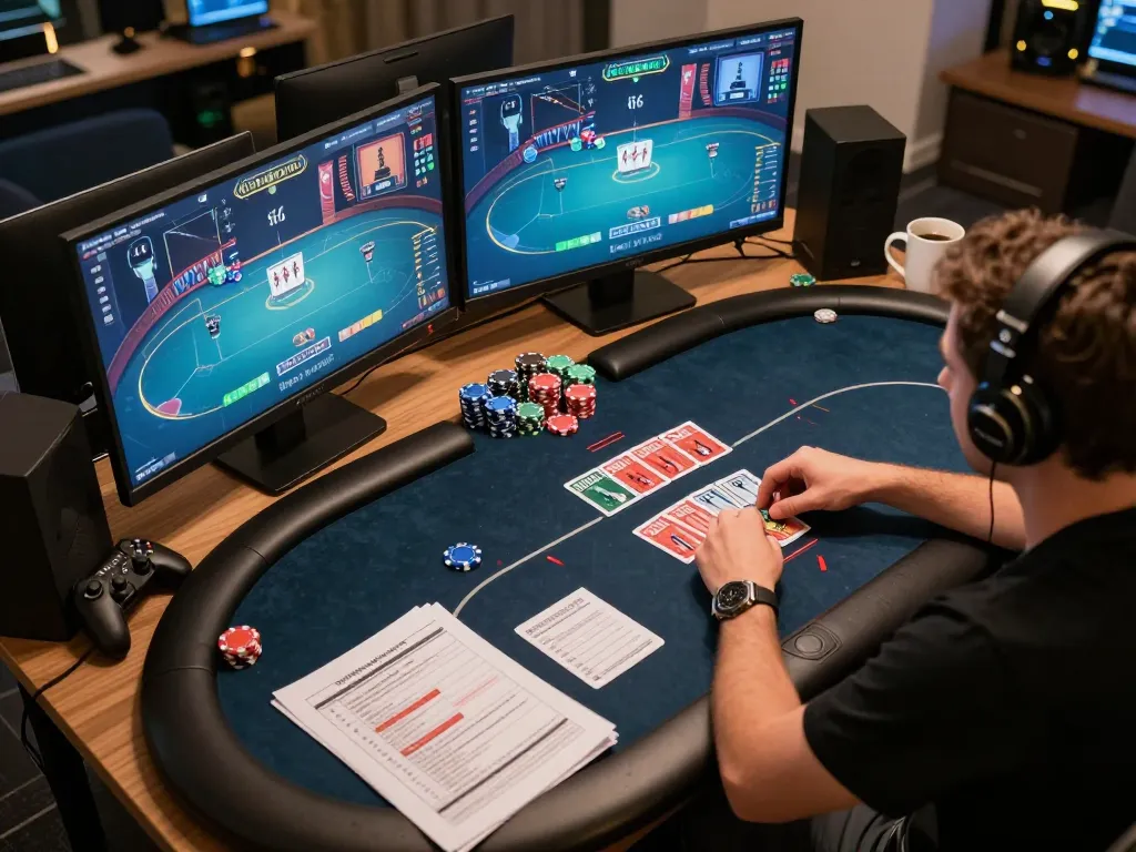 Player engaging in UFASEXYGAME online poker at a modern multi-screen setup, showcasing strategic gaming atmosphere.