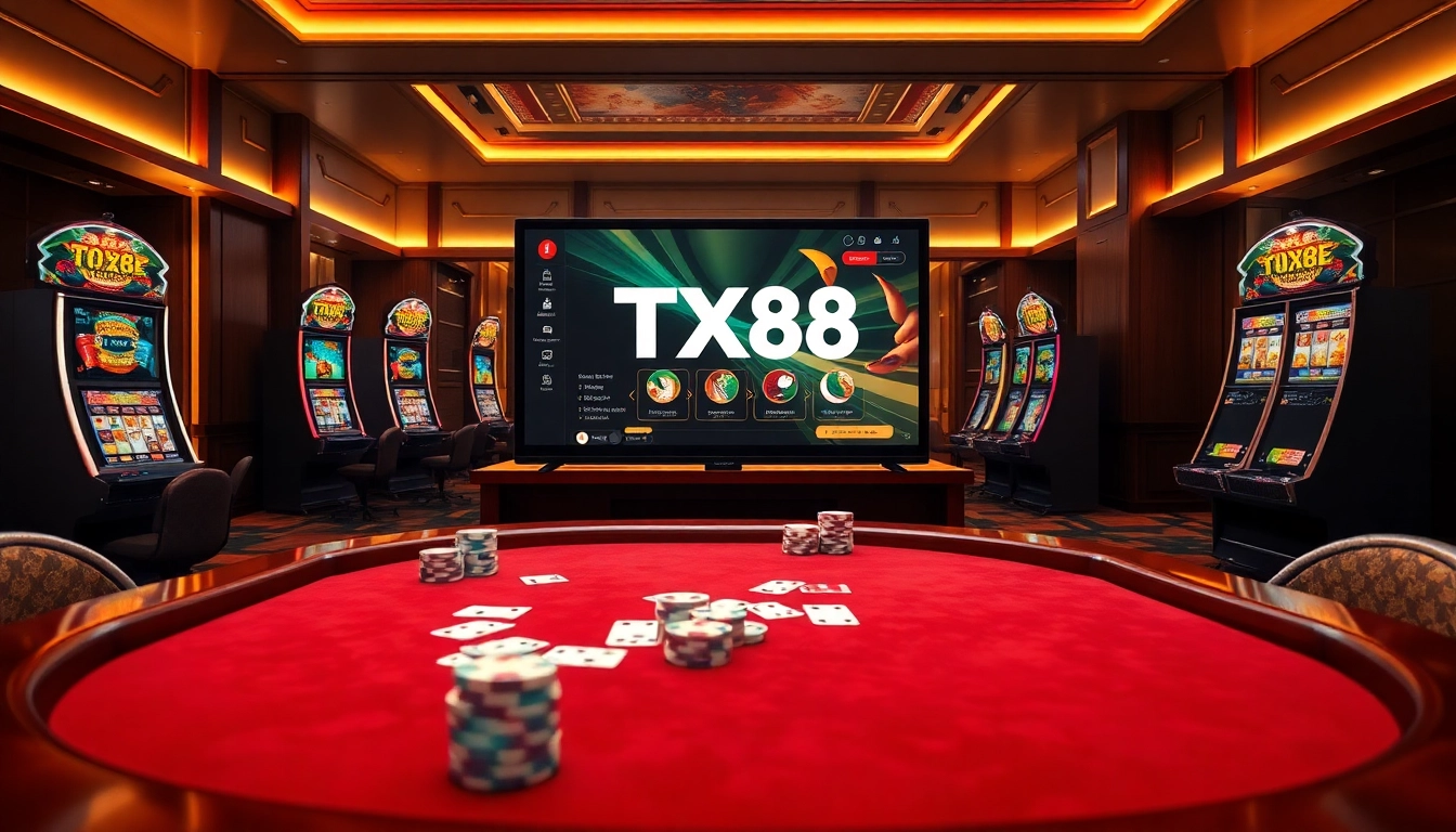 Experience TX88's exciting casino atmosphere with vibrant gaming elements and professional layout.