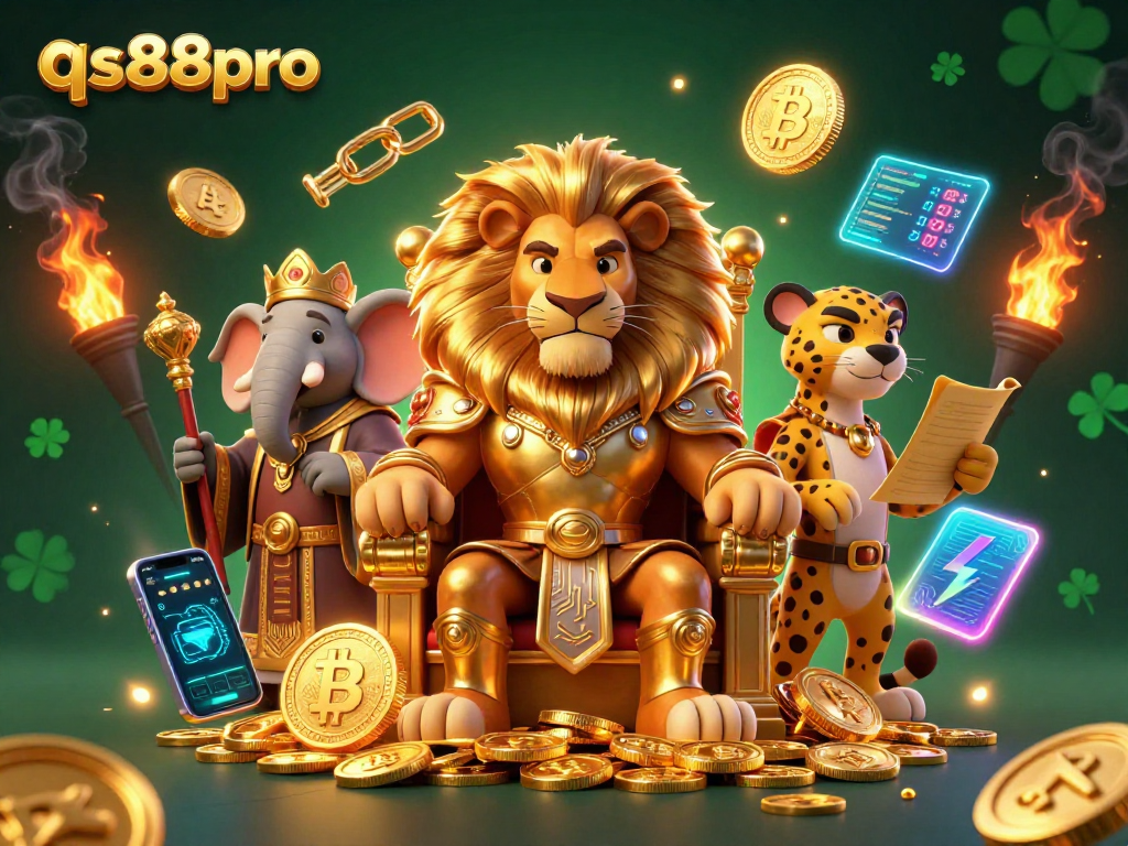 Experience the thrilling atmosphere of qs88pro casino, featuring a regal lion king surrounded by digital riches and gaming symbols.