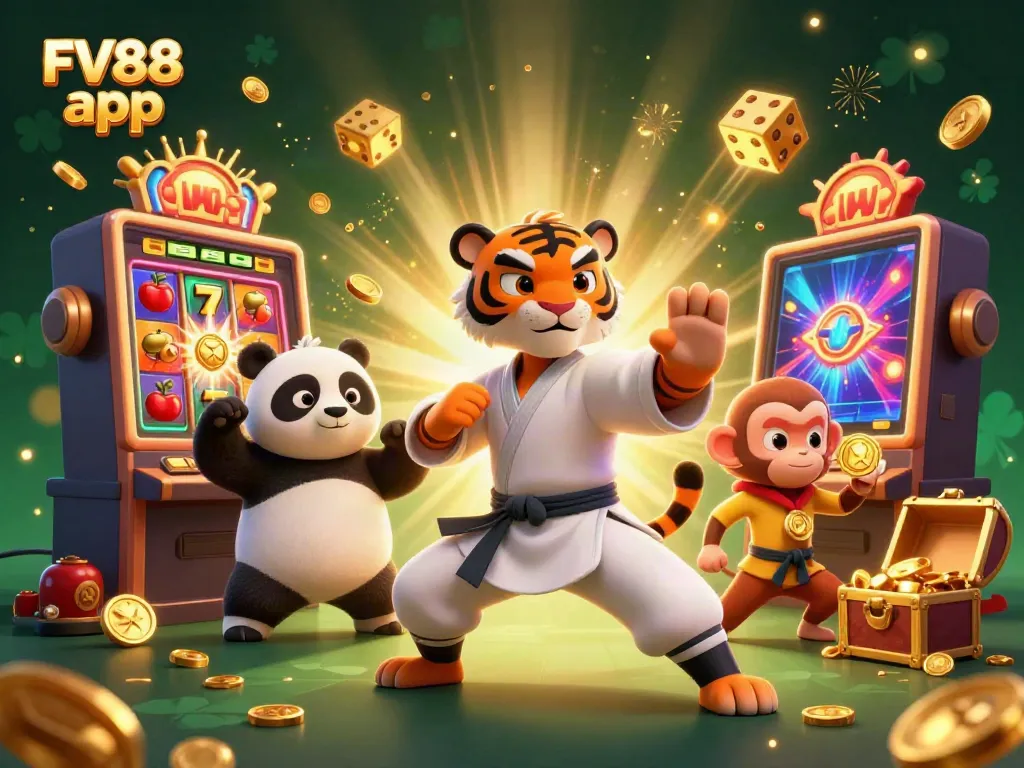 Experience the excitement of the FV88 app with vibrant characters and symbols in an action-packed casino scene.