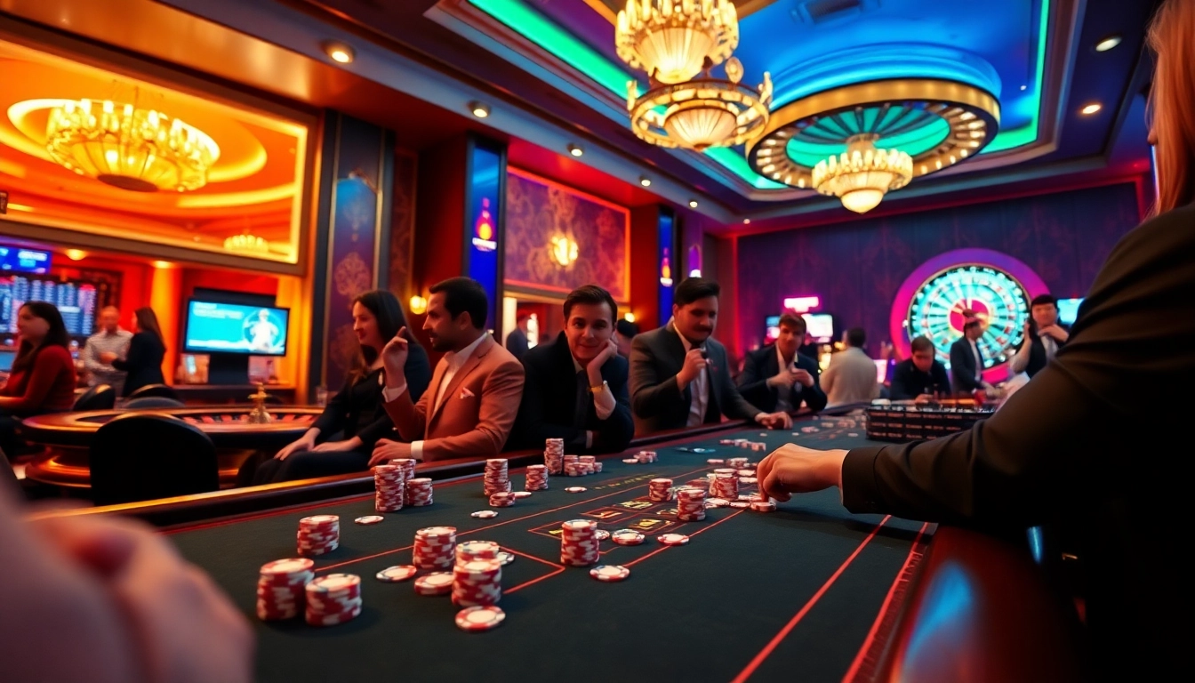 Gambling excitement at a luxurious casino featuring CM8888 technology with poker chips and cards.