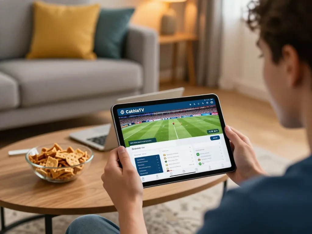 Cakhia user engaged in live football streaming on tablet in a cozy home atmosphere.