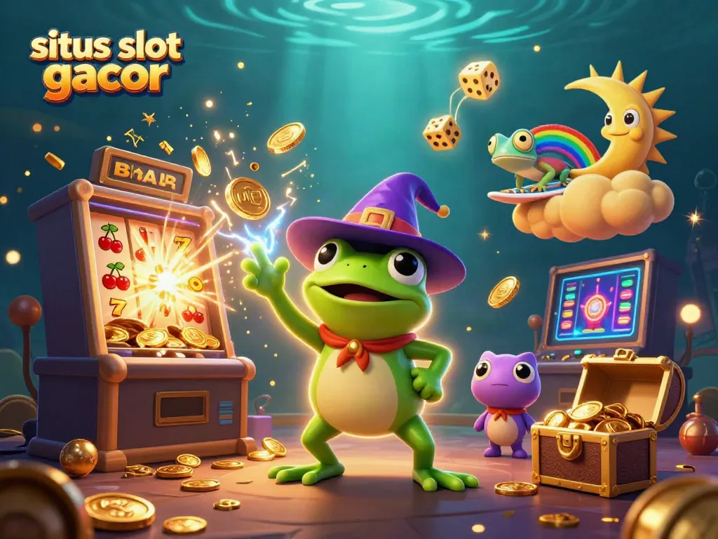Experience thrilling gameplay with situs slot gacor, featuring a whimsical scene of winning characters and dynamic casino symbols.