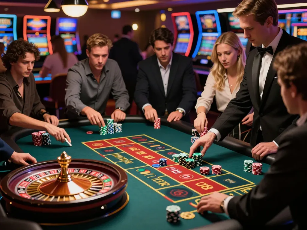 Players engaging in strategic bets at a LODE88 roulette table in an upscale casino atmosphere.