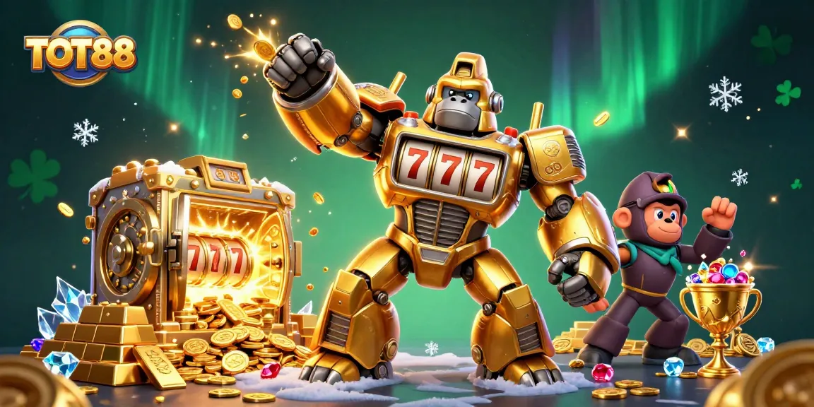 Experience thrilling wins with TOT88, a vibrant casino illustration depicting a dynamic golden gorilla mech.