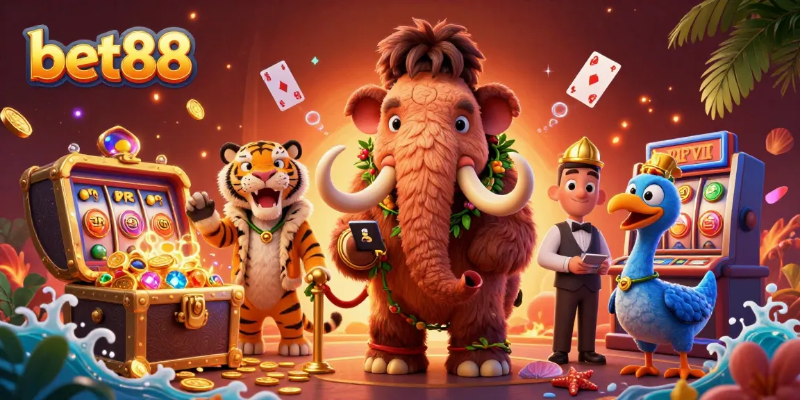 Experience the vibrant energy of bet88, with a casino bouncer, VIP guest, and colorful game elements.