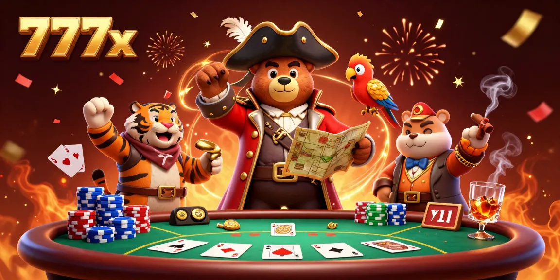 Experience thrilling poker games at 777x with a vibrant illustration of a pirate bear and friends.