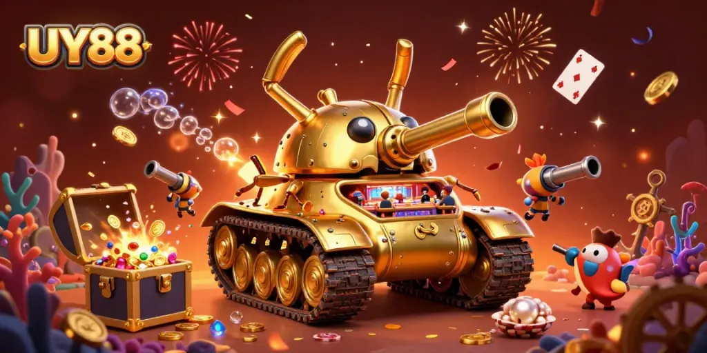 Experience the dynamic fun of UY88 with a vibrant cartoon illustration featuring a golden beetle tank casino.