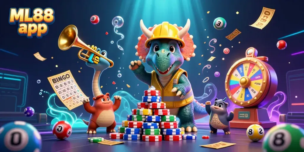 Experience gaming excitement with ML88 app featuring casino elements and vibrant celebrations.