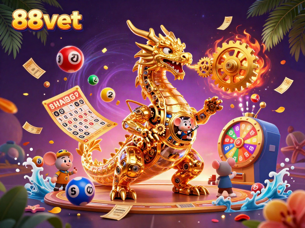 Engage with 88vbet in an animated casino scene featuring a golden dragon amidst vibrant lottery elements.
