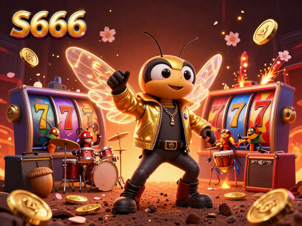 S666 casino rock star scene with dynamic slot reels and golden coins igniting excitement