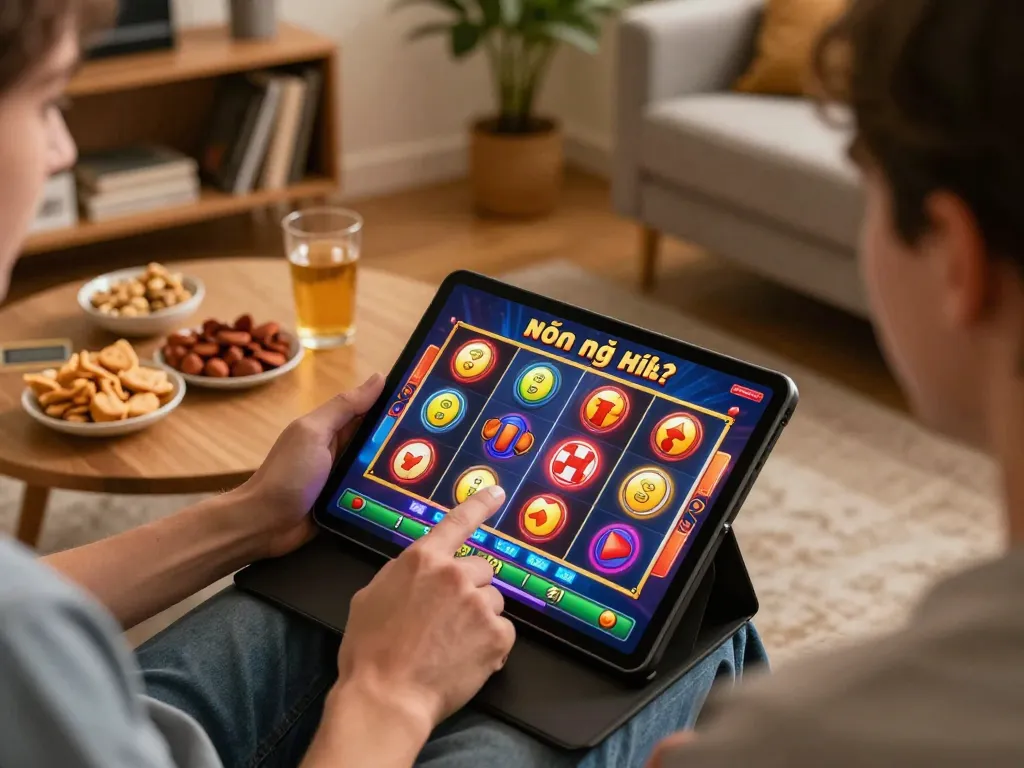 Engaging in nổ hũ online slot gameplay on a tablet in a cozy home setting