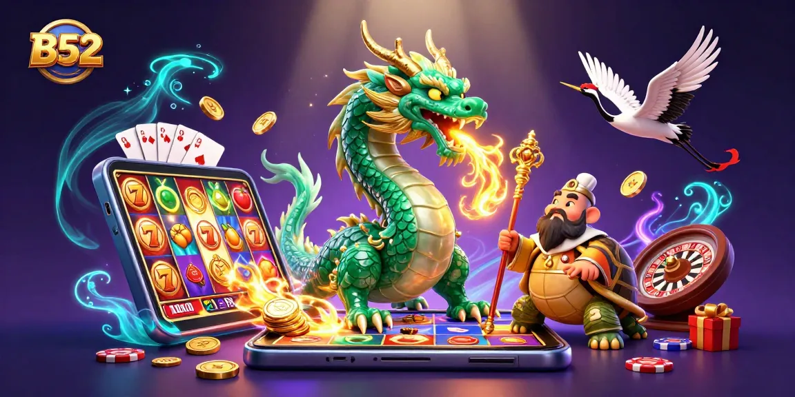 B52 dragon reveals golden fire amidst vibrant casino gaming elements and lucky symbols.