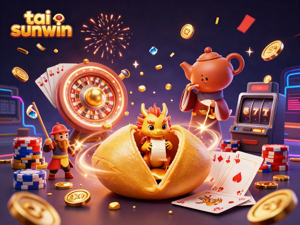 Experience excitement with tai sunwin in this vibrant 3D casino illustration featuring games and fortune elements.