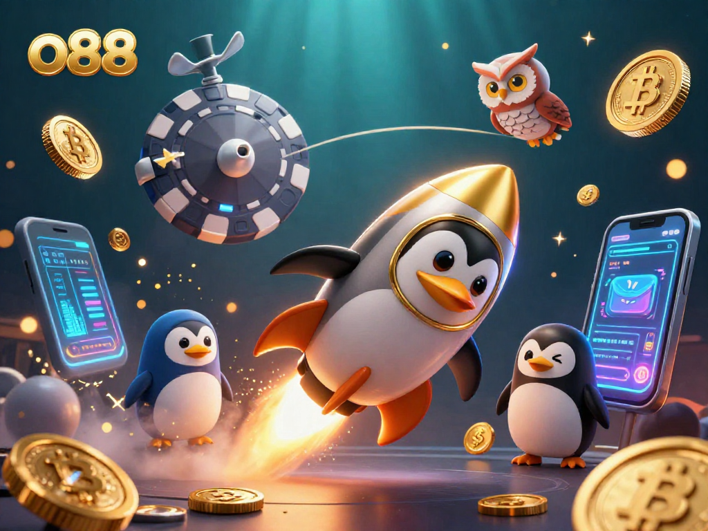 Experience the thrill of gaming with o88 as a golden penguin blasts through a vibrant casino space.