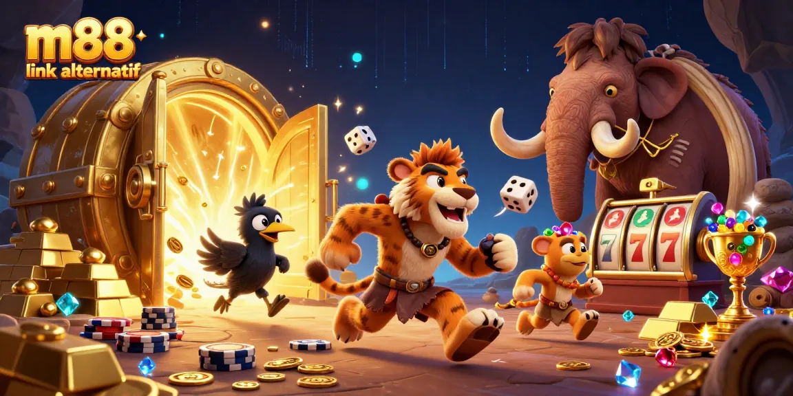 Experience excitement at m88 link alternatif with a thrilling 3D casino scene featuring rich elements like gold and poker.