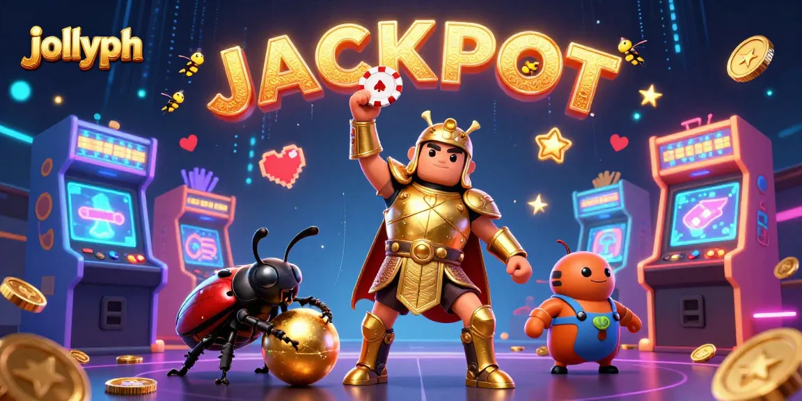 Engage with jollyph's thrilling gaming world, featuring a victorious beetle amidst dynamic casino elements.