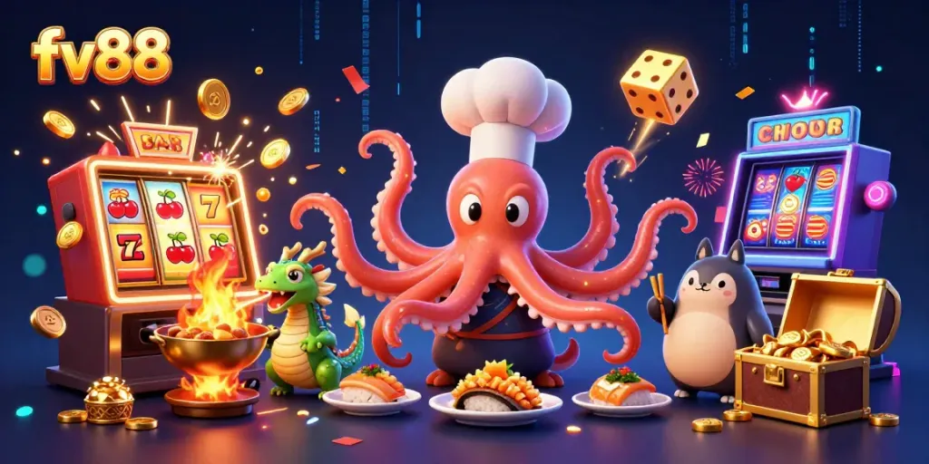 Engage with fv88's vibrant casino adventure featuring an octopus chef preparing golden dishes amidst a jackpot celebration.